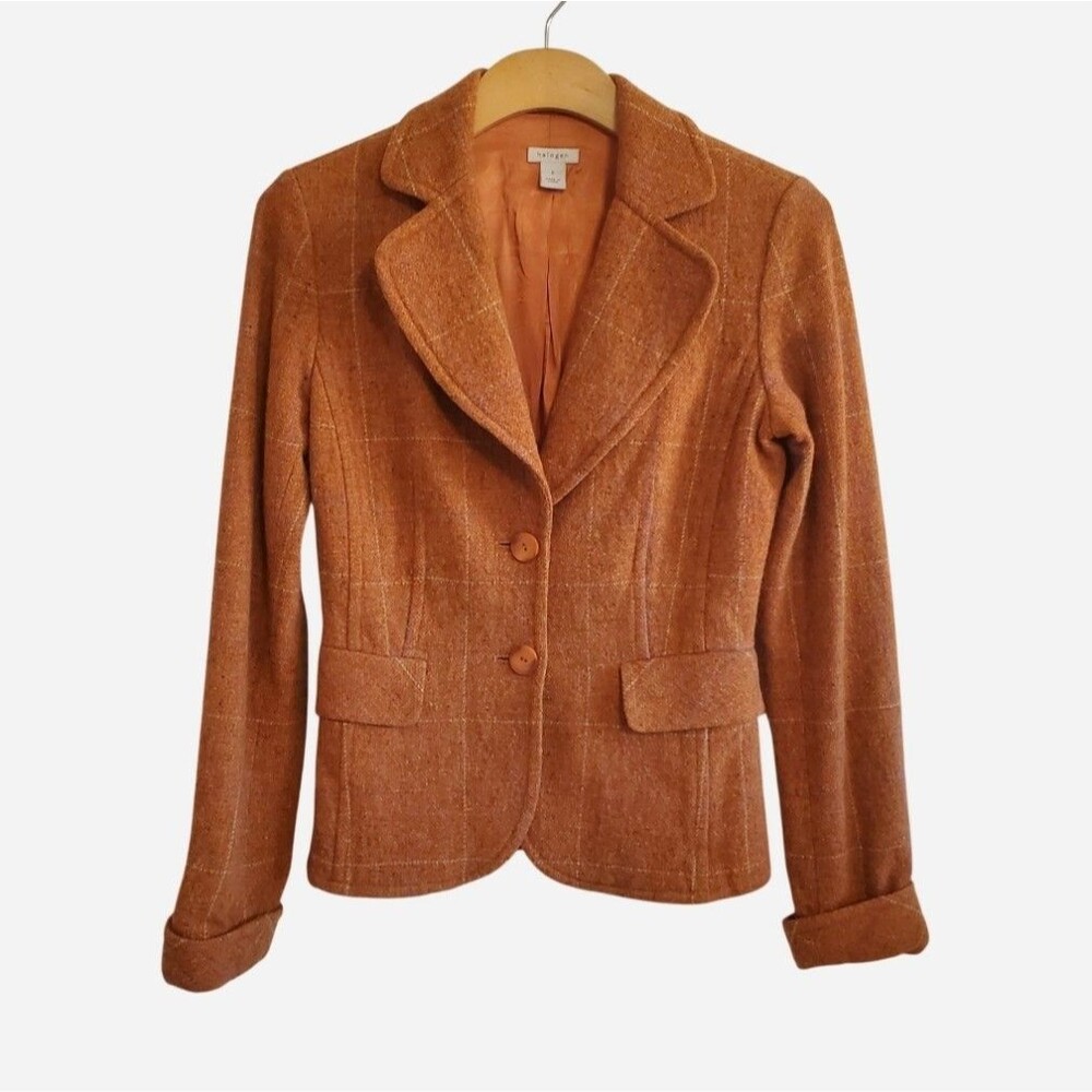 Halogen Rust Orange Plaid Wool Blend Blazer Jacket Y2K Twee Preppy Heritage S